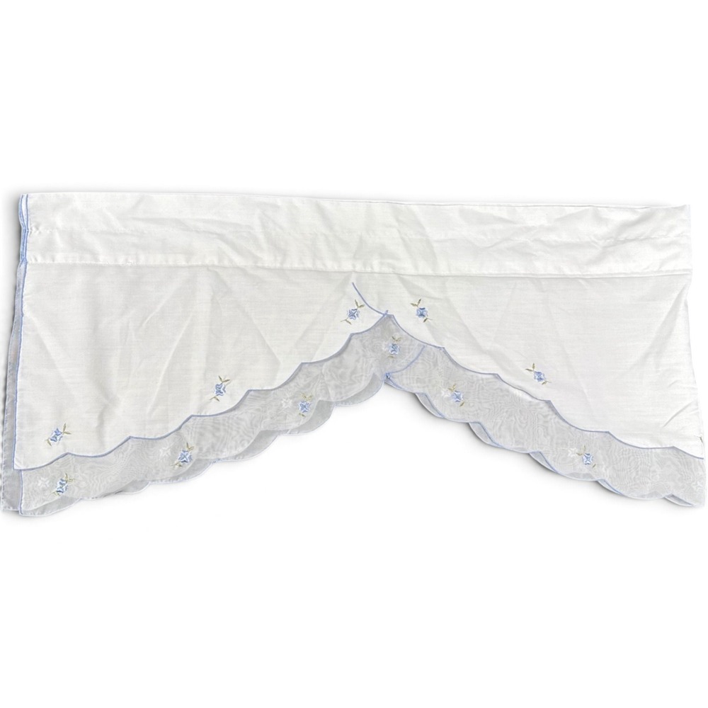 White Window Valance Blue Floral Embroidery Scalloped Sheer Edge 58x15 Valance